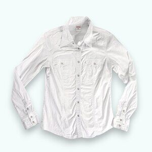 True Religion White Long Sleeve Metal Snap Up Silver Studded Western Collar Top